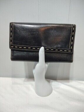 Fossil Black Leather Trifold Wallet Whipstitch Trim Snap Closure Checkbook